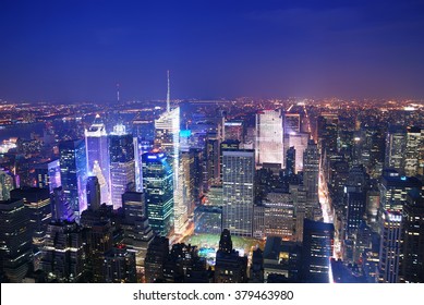 New York City Manhattan Times Square Skyline Aerial View Panorama At Night With Skyscrapers And Street.