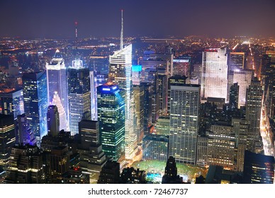 New York City Manhattan Times Square Skyline Aerial View Panorama At Night With Skyscrapers And Street.