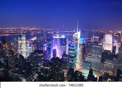 New York City Manhattan Times Square Skyline Aerial View Panorama At Night With Skyscrapers And Street.