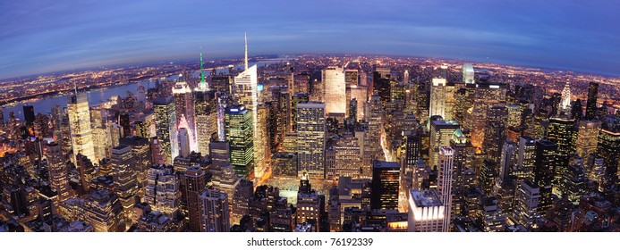 New York City Manhattan Times Square Night City Skyline Aerial View With Urban Skyscraper Illuminated.