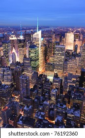 New York City Manhattan Times Square Night City Skyline Aerial View With Urban Skyscraper Illuminated.