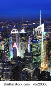 New York City Manhattan Times Square Night City Skyline Aerial View With Urban Skyscraper Illuminated.