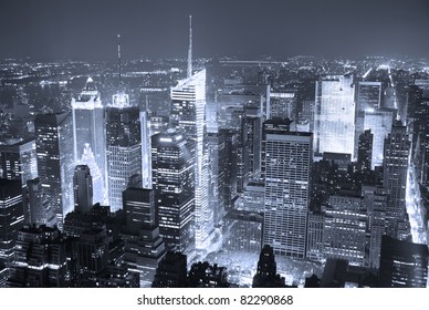 New York City Manhattan Times Square Skyline Aerial View Panorama At Night With Skyscrapers And Street.