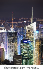 New York City Manhattan Times Square Night City Skyline Aerial View With Urban Skyscraper Illuminated.