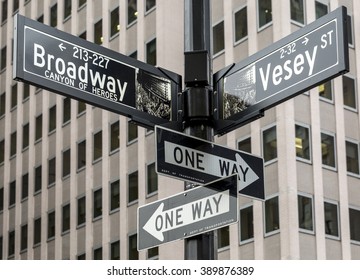 New York City, Manhattan Traffic Signs At Broadway.