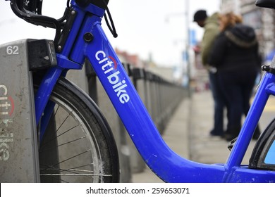 NEW YORK CITY - MARCH 10 2015:weather permitted New Yorkers back onto the streets & restored the popularity of Citibike program. This popular hub by the Barclay's Center was empty of all but one bike.