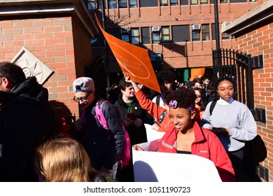 NEW YORK CITY - MARCH 14 2018: Students at Edward R Murrow High School were joined by Mayor de Blasio walking out in protest of the Florida High School shootings