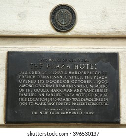 NEW YORK CITY - MARCH 17, 2016: The Plaza Hotel Designated Landmark Sign. The Plaza Hotel Is Recognized As A Historic Hotel Of America By The National Trust For Historic Preservation