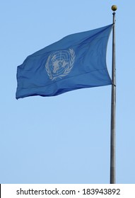 NEW YORK CITY - MARCH 20: United Nations Flag in the front of UN Headquarter in New York on March 20, 2014