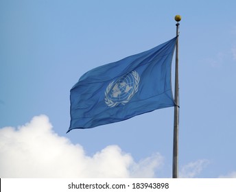 NEW YORK CITY - MARCH 20: United Nations Flag in the front of UN Headquarter in New York on March 20, 2014