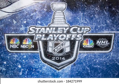 NEW YORK CITY - MARCH 20: Stanley Cup Playoffs 2014 Logo Displayed At The NBC Experience Store Window In Midtown Manhattan On March 20, 2014