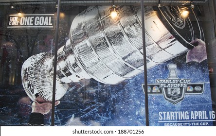 NEW YORK CITY - MARCH 20: Stanley Cup Playoffs 2014 Logo Displayed At The NBC Experience Store Window In Midtown Manhattan On March 20, 2014 