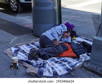 NEW YORK CITY - MARCH 25, 2021: Homeless Man Near Rockefeller Center In Midtown Manhattan 