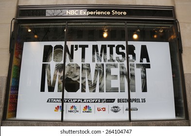 NEW YORK CITY - MARCH 26, 2015: Stanley Cup Playoffs 2014 Logo Displayed At The NBC Experience Store Window In Midtown Manhattan 