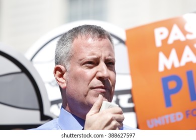 NEW YORK CITY - MARCH 9 2016: NYC Mayor De Blasio Rallied On The City Hall Steps With Union And AARP Members To Urge Passage Of His Affordable Housing Initiative,