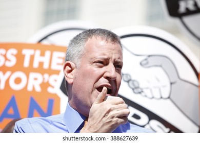 NEW YORK CITY - MARCH 9 2016: NYC Mayor De Blasio Rallied On The City Hall Steps With Union And AARP Members To Urge Passage Of His Affordable Housing Initiative,