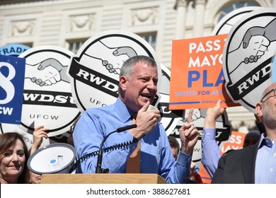 NEW YORK CITY - MARCH 9 2016: NYC Mayor De Blasio Rallied On The City Hall Steps With Union And AARP Members To Urge Passage Of His Affordable Housing Initiative,