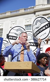 NEW YORK CITY - MARCH 9 2016: NYC Mayor De Blasio Rallied On The City Hall Steps With Union And AARP Members To Urge Passage Of His Affordable Housing Initiative,