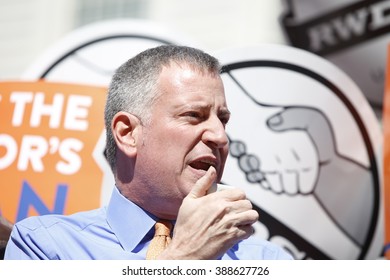 NEW YORK CITY - MARCH 9 2016: NYC Mayor De Blasio Rallied On The City Hall Steps With Union And AARP Members To Urge Passage Of His Affordable Housing Initiative,