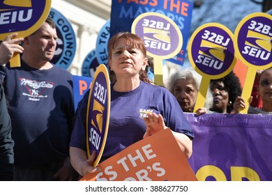 NEW YORK CITY - MARCH 9 2016: NYC Mayor De Blasio Rallied On The City Hall Steps With Union And AARP Members To Urge Passage Of His Affordable Housing Initiative,