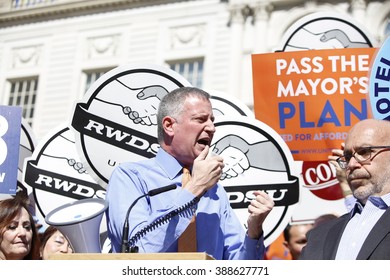 NEW YORK CITY - MARCH 9 2016: NYC Mayor De Blasio Rallied On The City Hall Steps With Union And AARP Members To Urge Passage Of His Affordable Housing Initiative,