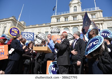 NEW YORK CITY - MARCH 9 2016: NYC Mayor De Blasio Rallied On The City Hall Steps With Union And AARP Members To Urge Passage Of His Affordable Housing Initiative,