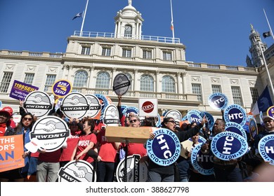 NEW YORK CITY - MARCH 9 2016: NYC Mayor De Blasio Rallied On The City Hall Steps With Union And AARP Members To Urge Passage Of His Affordable Housing Initiative,