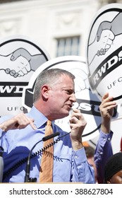 NEW YORK CITY - MARCH 9 2016: NYC Mayor De Blasio Rallied On The City Hall Steps With Union And AARP Members To Urge Passage Of His Affordable Housing Initiative,