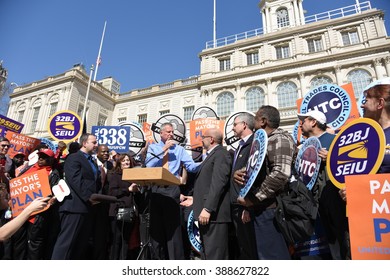 NEW YORK CITY - MARCH 9 2016: NYC Mayor De Blasio Rallied On The City Hall Steps With Union And AARP Members To Urge Passage Of His Affordable Housing Initiative,