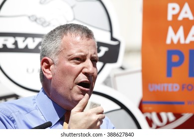 NEW YORK CITY - MARCH 9 2016: NYC Mayor De Blasio Rallied On The City Hall Steps With Union And AARP Members To Urge Passage Of His Affordable Housing Initiative,