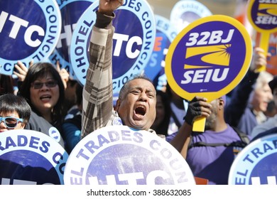 NEW YORK CITY - MARCH 9 2016: NYC Mayor Bill De Blasio Highlighted A Rally On The City Hall Steps Featuring Union And AARP Members To Urge The City Council Pass His Affordable Housing Initiative