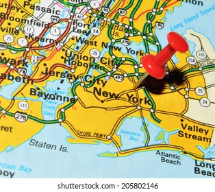 New York City Marked With Red Pushpin On US Map. New York Is The Most Populous City In The World