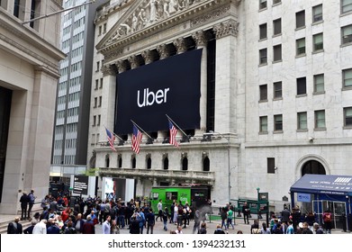 NEW YORK CITY MAY 10 2019: UBER IPO BANNER On New York Stock Exchange (NYSE) Building In Manhattan Financial District