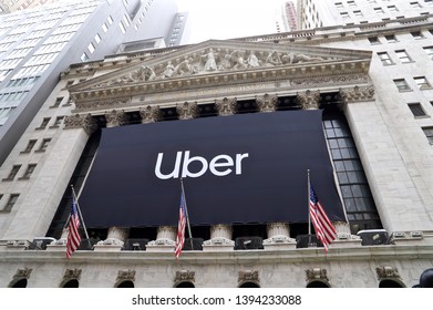 NEW YORK CITY MAY 10 2019: UBER IPO BANNER On New York Stock Exchange (NYSE) Building In Manhattan Financial District