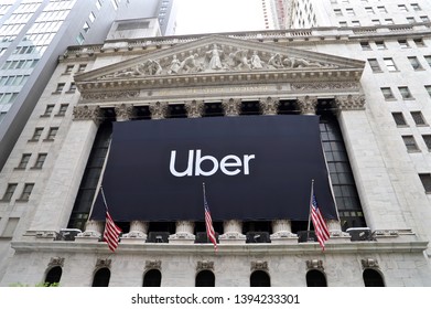 NEW YORK CITY MAY 10 2019: UBER IPO BANNER On New York Stock Exchange (NYSE) Building In Manhattan Financial District