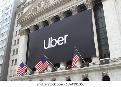 NEW YORK CITY - MAY 10, 2019: Uber Technologies Inc. (NYSE: UBER) becomes a public company via an initial public offering IPO on the New York Stock Exchange. Ride sharing transportation services