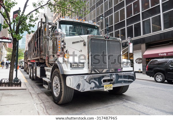 NEW YORK CITY - MAY 13, 2015:\
Front view of Western Star monster truck parked in NY street. \
