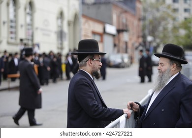 NEW YORK CITY - MAY 18 2016L Hundreds of Satmar Hasidim filled the streets of Williamsburg to mourn the sudden death of Isaac Rosenberg.