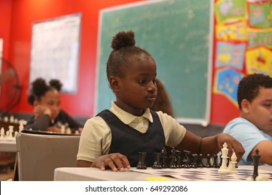 NEW YORK CITY - MAY 26 2017: Brooklyn Police Athletic League &  King's County DA's Office Sponsored An Afterschool Chess Program For Bed-Stuy Elementary Students.