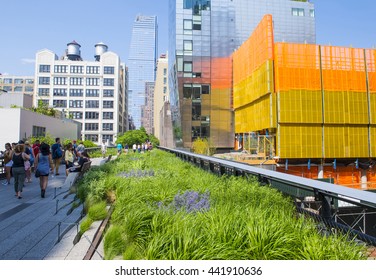 NEW YORK CITY - MAY 28 : The High Line Park In NYC On May 28, 2016. The High Line Is A Public Park Built On An Historic Freight Rail Line Elevated Above The Streets On Manhattans West Side.