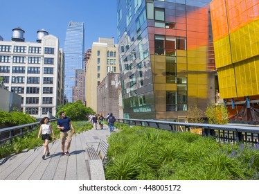 NEW YORK CITY - MAY 28 : The High Line Park In NYC On May 28, 2016. The High Line Is A Public Park Built On An Historic Freight Rail Line Elevated Above The Streets On Manhattans West Side.