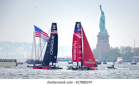 NEW YORK CITY - MAY 7 2016: The 35th Annual America's Cup Yacht Race Was Held In New York Harbor As Six Contenders Vied In Uneven Weather. Sails Fill NY Harbor With Statue Of Liberty In The Background