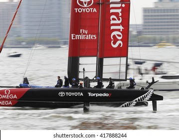 NEW YORK CITY - MAY 7 2016: The 35th Annual America's Cup Yacht Race Was Held In New York Harbor As Six Contenders Vied In Uneven Weather. Emirates New Zealand Boat Maneuvers