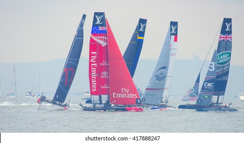 NEW YORK CITY - MAY 7 2016: The 35th Annual America's Cup Yacht Race Was Held In New York Harbor As Six Contenders Vied In Uneven Weather. Sails Fill New York Harbor