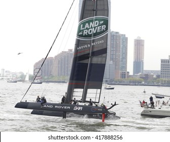 NEW YORK CITY - MAY 7 2016: The 35th Annual America's Cup Yacht Race Was Held In New York Harbor As Six Contenders Vied In Uneven Weather. Team Land Rover