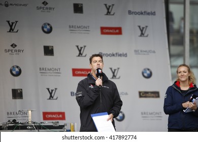 NEW YORK CITY - MAY 7 2016: The 35th Annual America's Cup Yacht Race Was Held In New York Harbor As Six Contenders Vied In Uneven Weather. MC & Announcer Tucker Thompson