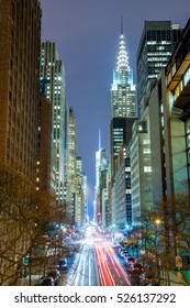 New York City At Night - 42nd Street With Traffic, Long Exposure, NYC, USA