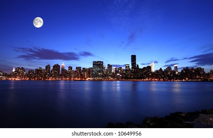 New York City At Night Under The Moonlight