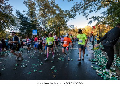 NEW YORK CITY - NOV 11: New York City Marathon Runners Run Through A Water Station On November 11, 2011. The Marathon Is One Of The World Marathon Majors.