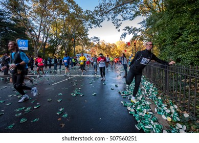 NEW YORK CITY - NOV 11: New York City Marathon Runners Run Through A Water Station On November 11, 2011. The Marathon Is One Of The World Marathon Majors.